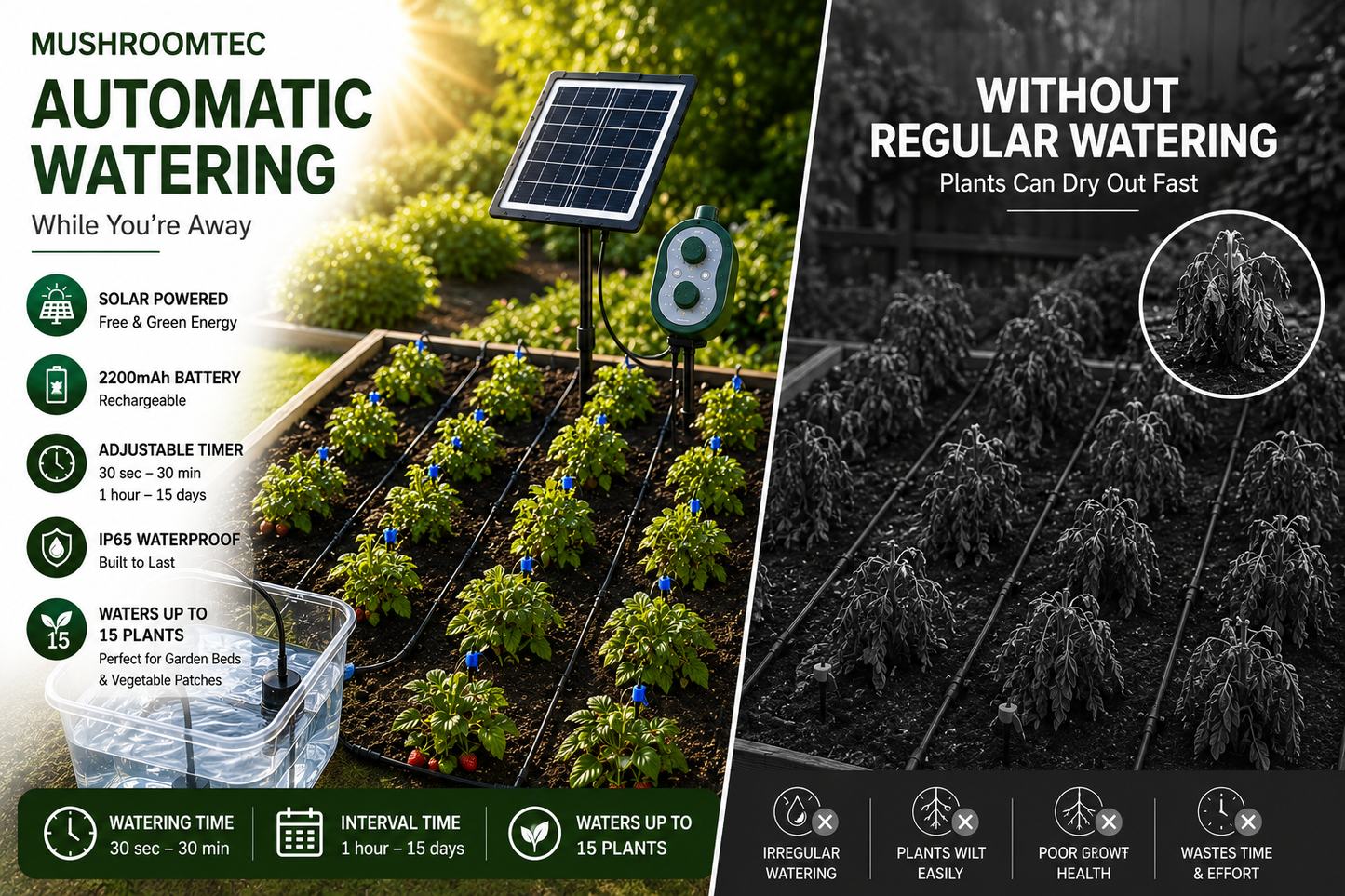 3W Solar Drip Irrigation System (15 Drippers, 15m Tube) – Automatic Timer with Visual Feedback