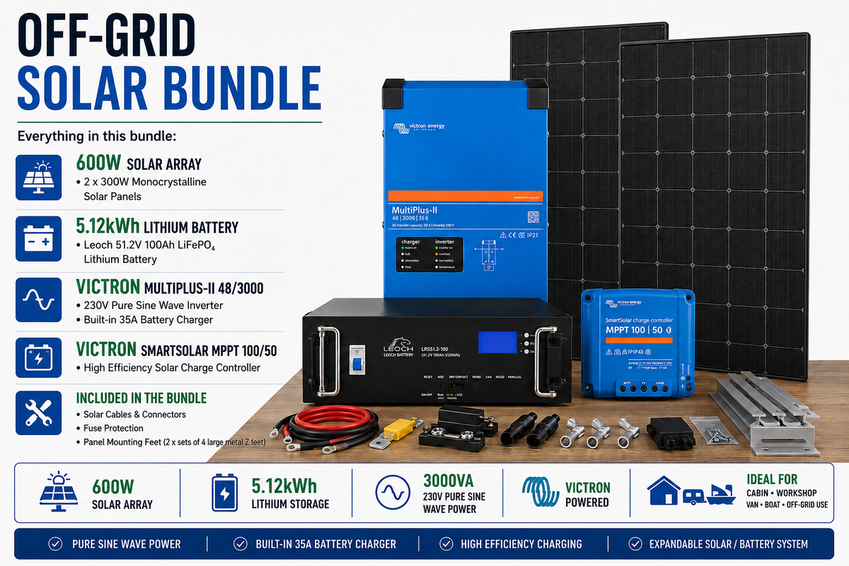 Off Grid Solar Kit 2x300W Panels + 5.12kWh Battery + Victron 3000VA Inverter