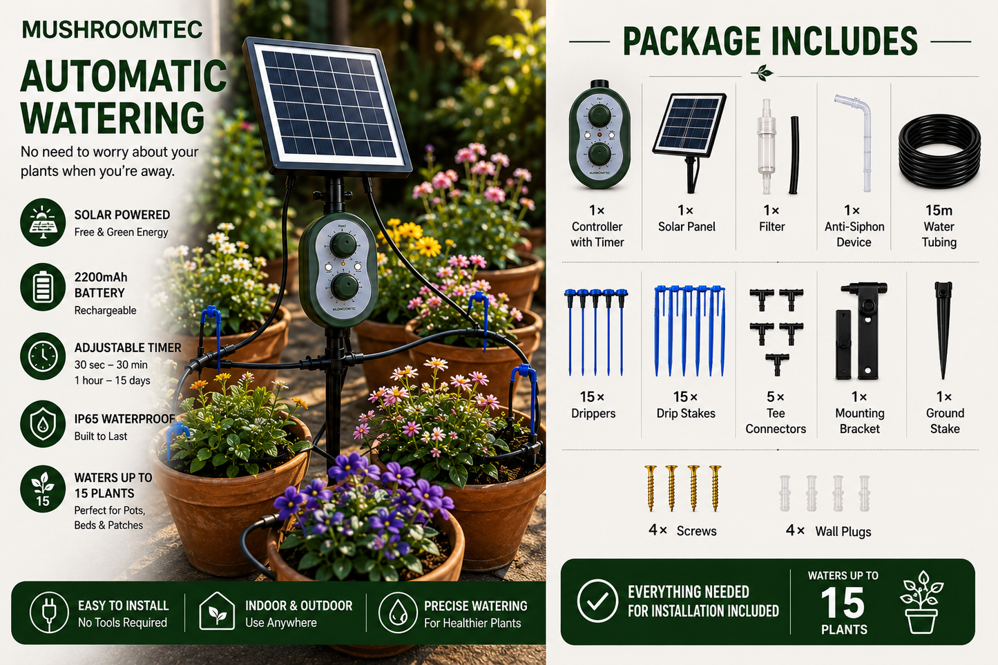 3W Solar Automatic Drip Irrigation System (15 Drippers, 15m Tube) – Automatic Timer Watering Kit with Visual Feedback